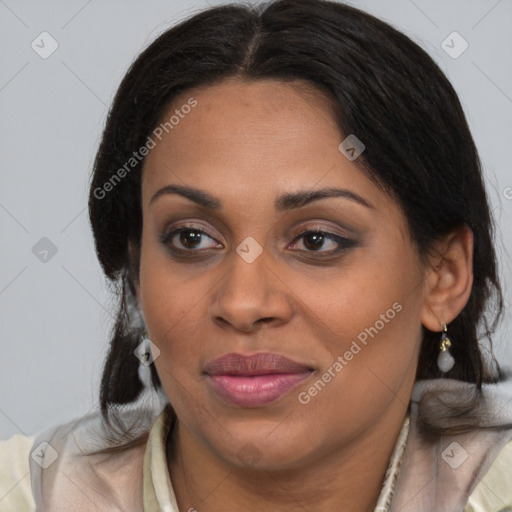 Joyful latino young-adult female with medium  brown hair and brown eyes