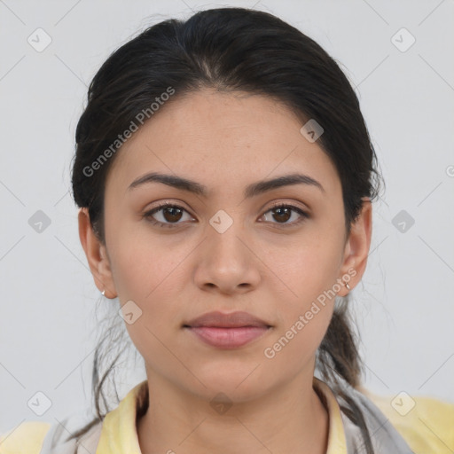 Neutral asian young-adult female with medium  brown hair and brown eyes