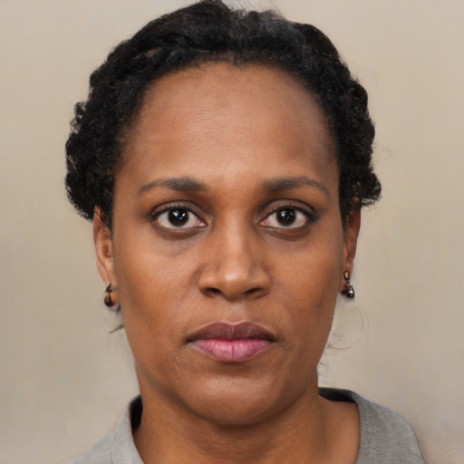 Neutral black adult female with short  black hair and brown eyes