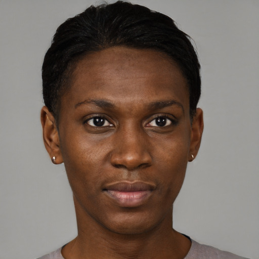Neutral black young-adult female with short  black hair and brown eyes