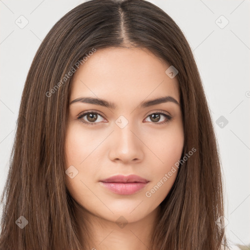 Neutral white young-adult female with long  brown hair and brown eyes