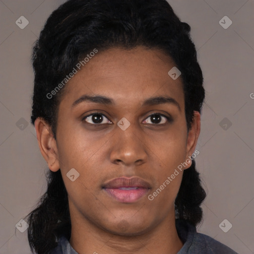 Neutral black young-adult female with short  black hair and brown eyes