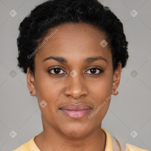 Joyful latino young-adult female with short  black hair and brown eyes