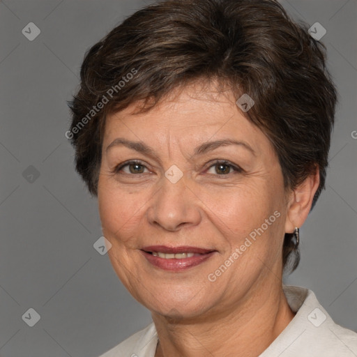 Joyful white adult female with short  brown hair and brown eyes