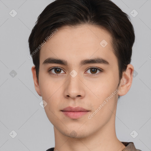 Neutral white young-adult male with short  brown hair and brown eyes