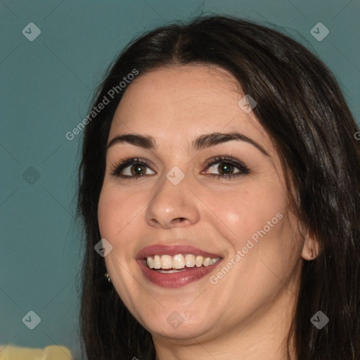 Joyful white young-adult female with long  brown hair and brown eyes