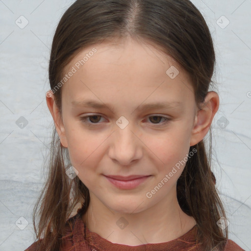 Joyful white child female with medium  brown hair and brown eyes