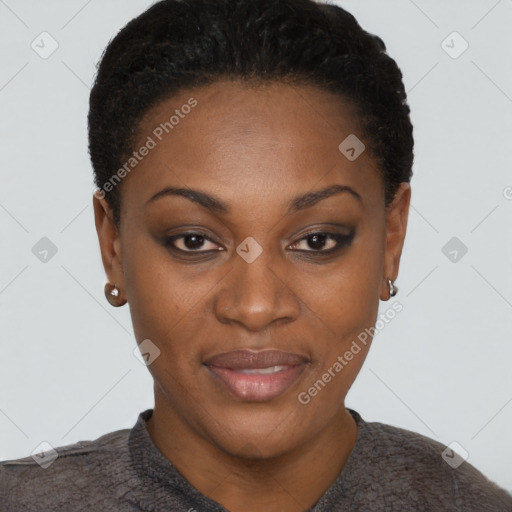 Joyful black young-adult female with short  black hair and brown eyes