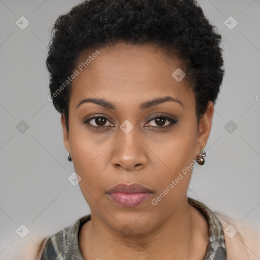 Neutral black young-adult female with short  black hair and brown eyes