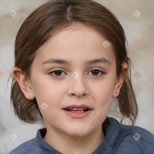 Joyful white child female with medium  brown hair and brown eyes