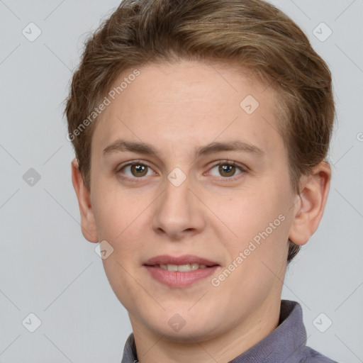 Joyful white young-adult female with short  brown hair and grey eyes