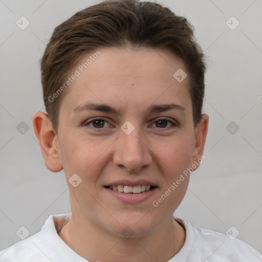 Joyful white young-adult female with short  brown hair and brown eyes