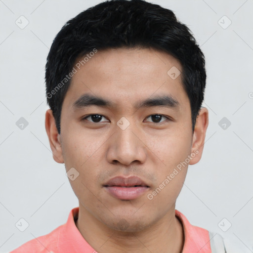 Neutral asian young-adult male with short  black hair and brown eyes