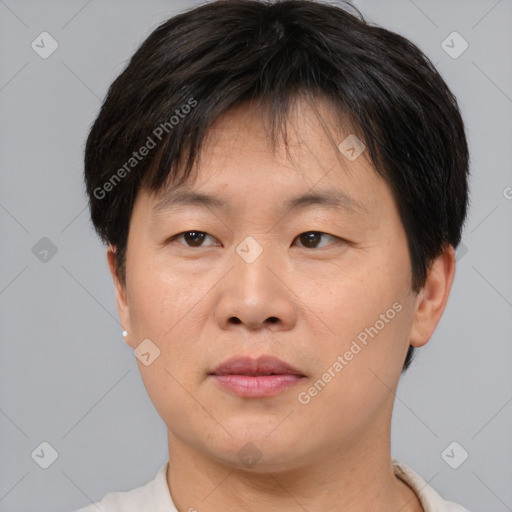 Neutral asian young-adult male with short  brown hair and brown eyes