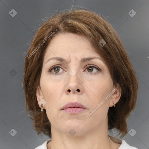 Neutral white adult female with medium  brown hair and brown eyes