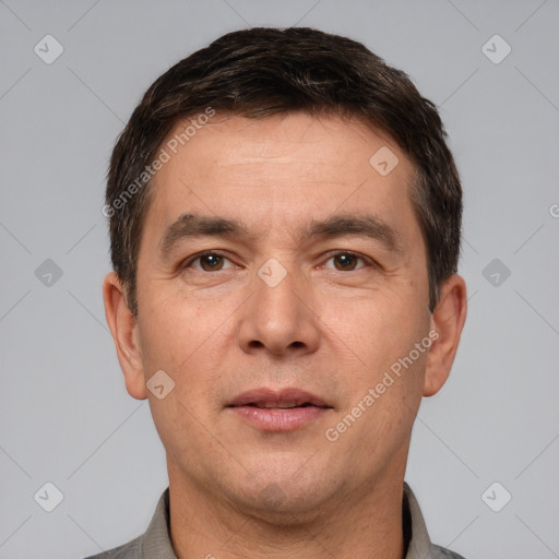 Neutral white adult male with short  brown hair and brown eyes