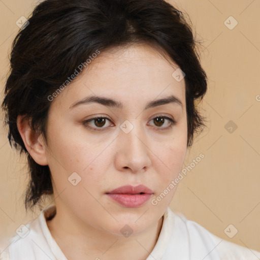 Neutral white young-adult female with medium  brown hair and brown eyes