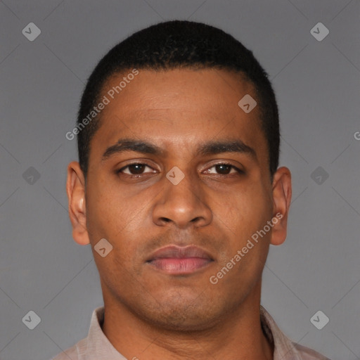 Neutral latino young-adult male with short  brown hair and brown eyes