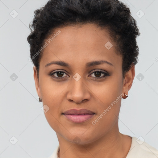 Joyful latino young-adult female with short  brown hair and brown eyes