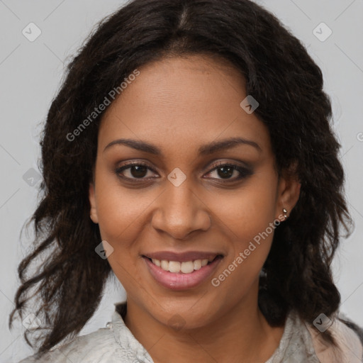 Joyful black young-adult female with medium  brown hair and brown eyes