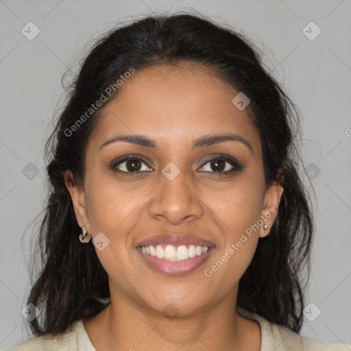 Joyful black young-adult female with medium  brown hair and brown eyes