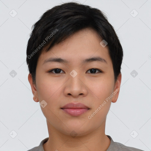 Neutral asian young-adult female with short  black hair and brown eyes