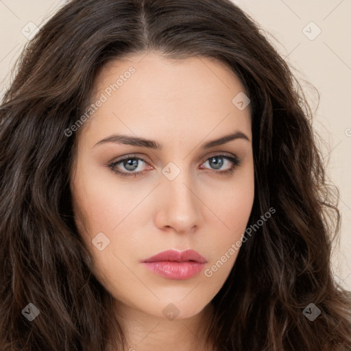 Neutral white young-adult female with long  brown hair and brown eyes