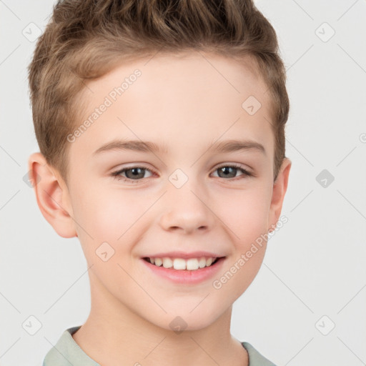 Joyful white child male with short  brown hair and brown eyes