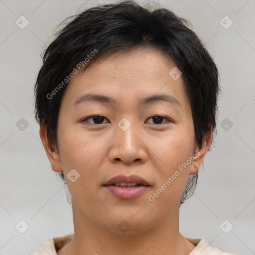 Joyful asian young-adult female with short  brown hair and brown eyes