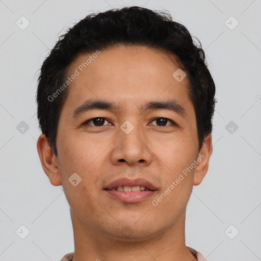 Neutral asian young-adult male with short  black hair and brown eyes