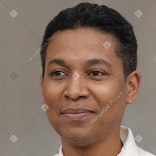 Joyful latino adult male with short  black hair and brown eyes