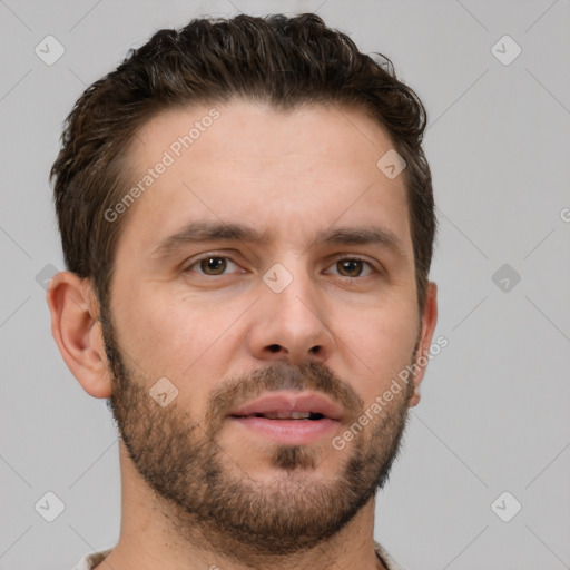 Neutral white young-adult male with short  brown hair and brown eyes