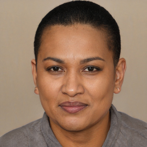 Joyful latino young-adult female with short  black hair and brown eyes