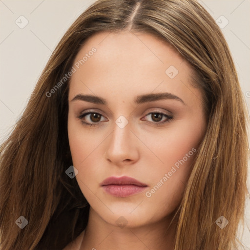 Neutral white young-adult female with long  brown hair and brown eyes