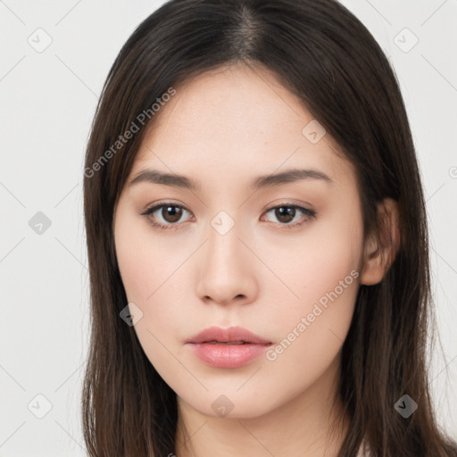 Neutral asian young-adult female with long  brown hair and brown eyes