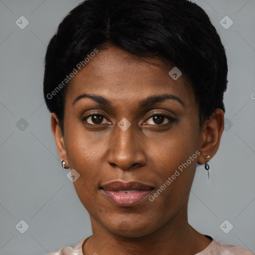 Joyful black young-adult female with short  brown hair and brown eyes