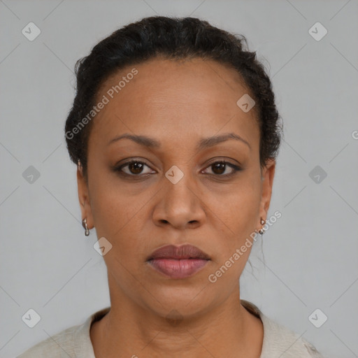 Neutral black young-adult female with short  black hair and brown eyes