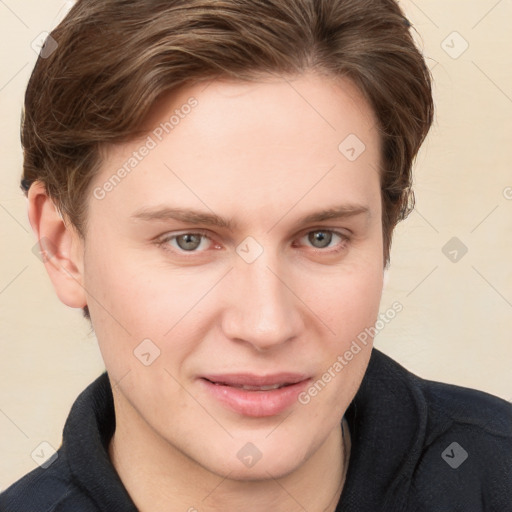 Joyful white young-adult female with short  brown hair and grey eyes