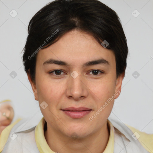 Joyful white young-adult female with medium  brown hair and brown eyes