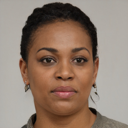 Neutral black young-adult female with short  brown hair and brown eyes