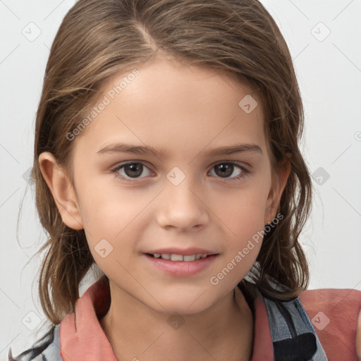 Joyful white child female with medium  brown hair and brown eyes