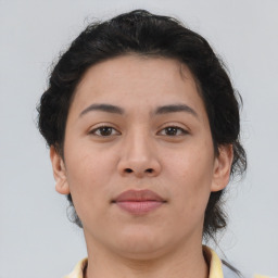 Neutral asian young-adult female with short  brown hair and brown eyes