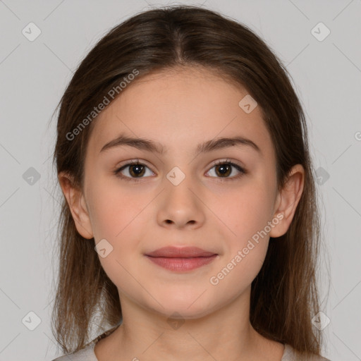 Joyful white child female with medium  brown hair and brown eyes