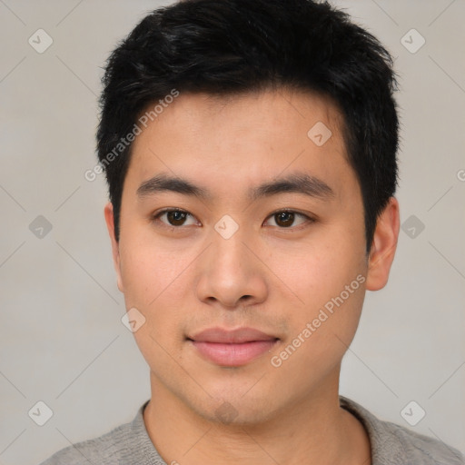 Neutral asian young-adult male with short  black hair and brown eyes