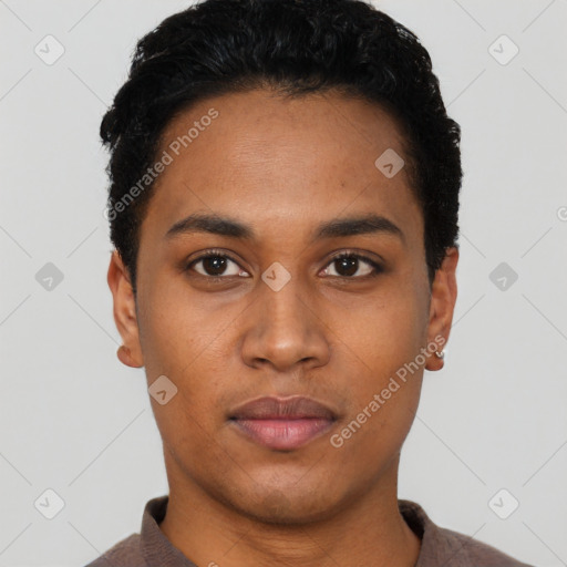Neutral black young-adult female with short  black hair and brown eyes