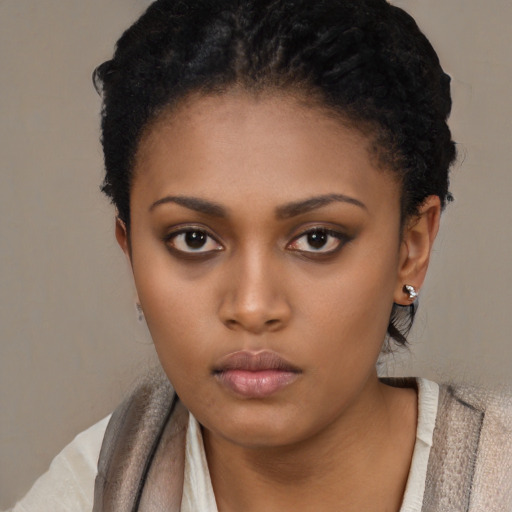 Neutral black young-adult female with short  black hair and brown eyes