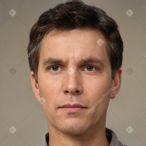 Neutral white adult male with short  brown hair and brown eyes