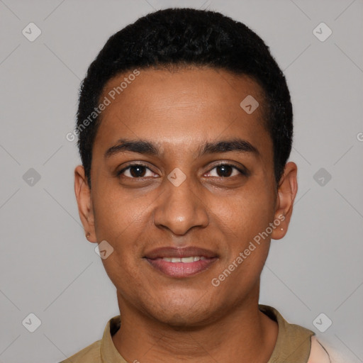 Joyful black young-adult male with short  black hair and brown eyes