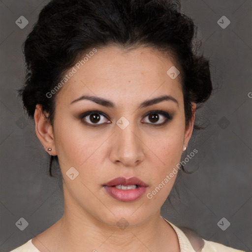 Neutral white young-adult female with short  brown hair and brown eyes