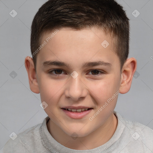 Joyful white child male with short  brown hair and brown eyes